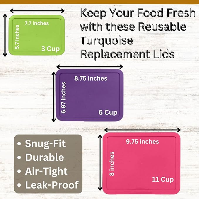 3, 6 & 11 Cup Spring Green, Purple, Pink Replacement Lids/Covers for Pyrex, Anchor Hocking & KlareWare Storage Bowls *Lids Only Glass Container Not Included* (3 Pack *One of Each Size*)