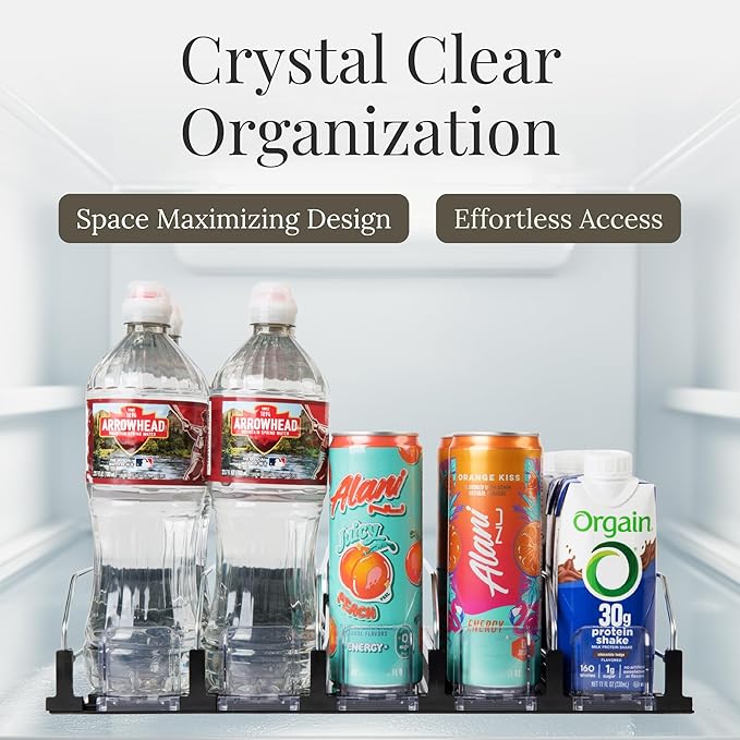 5-Piece Drink Organizer for Fridge – Spring-Loaded Rolling Can & Bottle Holder – Kitchen Storage for Soda, Water, Baby Bottles – Sliding Beverage Dispenser (Black)