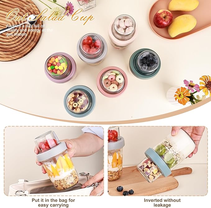 6 Pack Overnight Oats Containers with Lids, 16 OZ Dual Layer Yogurt Containers with Dry and Wet Separation, Airtight Leak Proof Oatmeal Jar for Chia Pudding, Breakfast, Cereal
