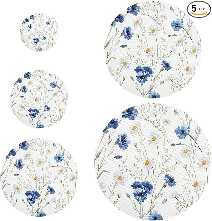 5 Pcs Bowl Covers Reusable in 5 Size Elastic Food Cover Cloth Lids Fresh Keeping Dish Cookware Bakeware Fabric Covers Lids for Food Leftovers Fruits Storage Daisy White