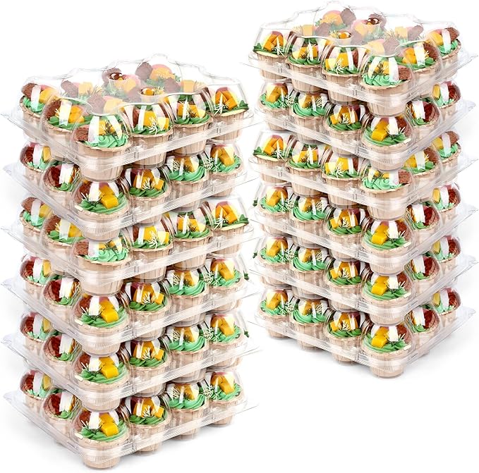 LotFancy Cupcake Containers 12 Count, 12 Sets, Plastic Dozen Cupcake Boxes, Disposable Cupcake Carrier Holder with Detachable Tall Dome Lid, BPA Free, Standard Size