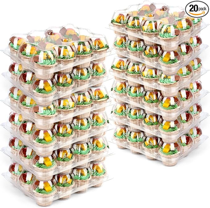 LotFancy Cupcake Containers 12 Count, 20 Sets, Plastic Dozen Cupcake Boxes for 240 Cupcakes, Disposable Cupcake Carrier Holder with Detachable Tall Dome Lid, BPA Free, Standard Size