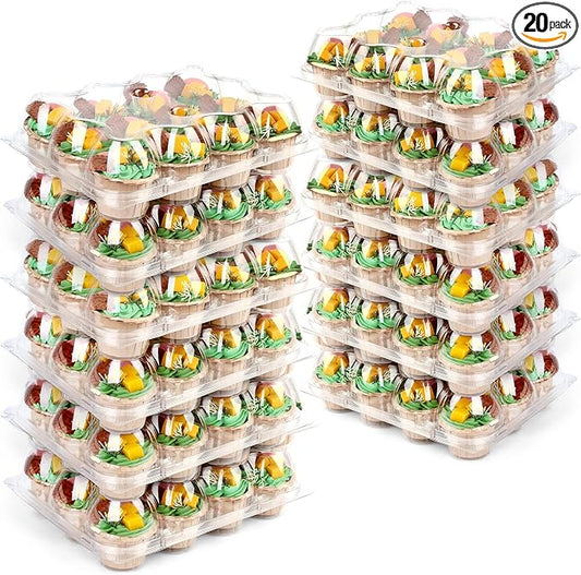LotFancy Cupcake Containers 12 Count, 20 Sets, Plastic Dozen Cupcake Boxes for 240 Cupcakes, Disposable Cupcake Carrier Holder with Detachable Tall Dome Lid, BPA Free, Standard Size