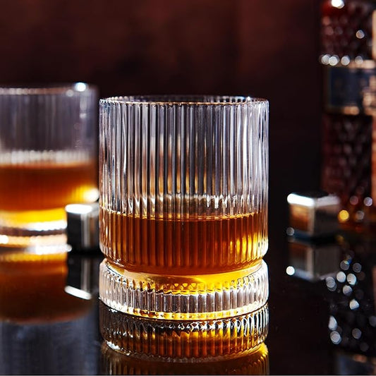 Crystal Old Fashioned Whiskey Glasses Set of 6, 12 Oz Ribbed Bourbon Glass, Ultra-Clarity Double Base Liquor Vodka rocks Cocktail Scotch Tumbler Bar Glasses Set