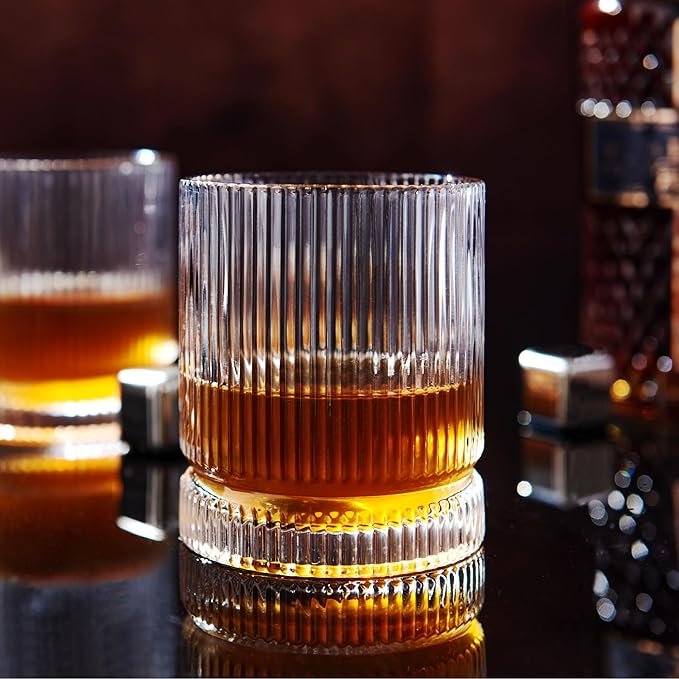 Ribbed Whiskey Glasses Set of 8, 12 Oz Lead-Free Crystal Heavy Base Barware Glass, Perfect for Bourbon Rocks Cocktail Scotch Drinking