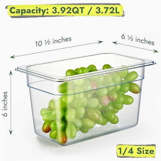 CURTA 6-Pack 1/4 Size 6" Deep NSF Polycarbonate Food Pans with Handled Lids & Drain Trays | Dishwasher & Freezer Safe Clear Container for Prep Tables, Buffet, Salad Bar, Commercial Kitchen