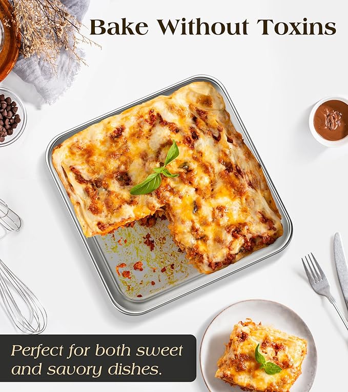8 x 8-Inch Baking Pan, 304 Stainless Steel Square Cake Pan, Commercial Grade Bakeware for Cakes Brownies Casseroles, Thicker Rectangle Sheet Cake Pans, Non-toxic & Heavy Duty &Dishwasher Safe