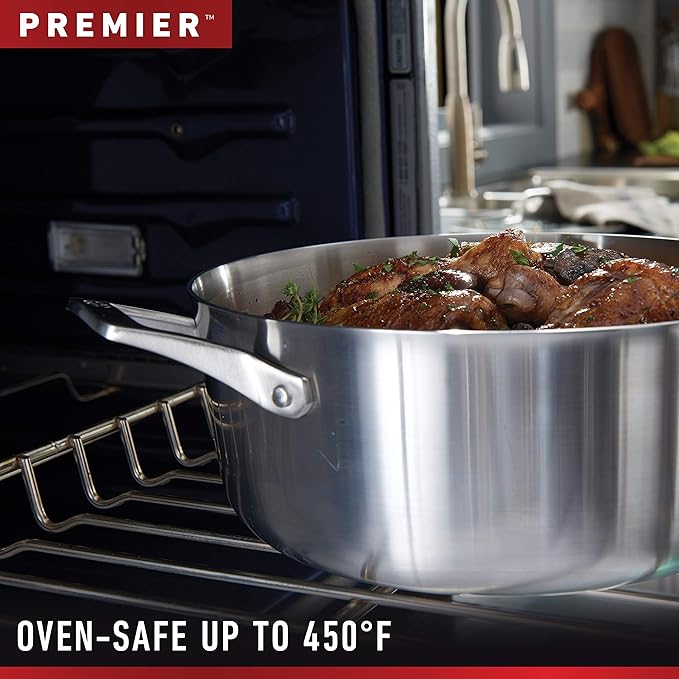 Calphalon Premier Stainless Steel 5-Quart Sauté Pan with Lid, 3-Layer Metal Construction, Oven & Dishwasher Safe