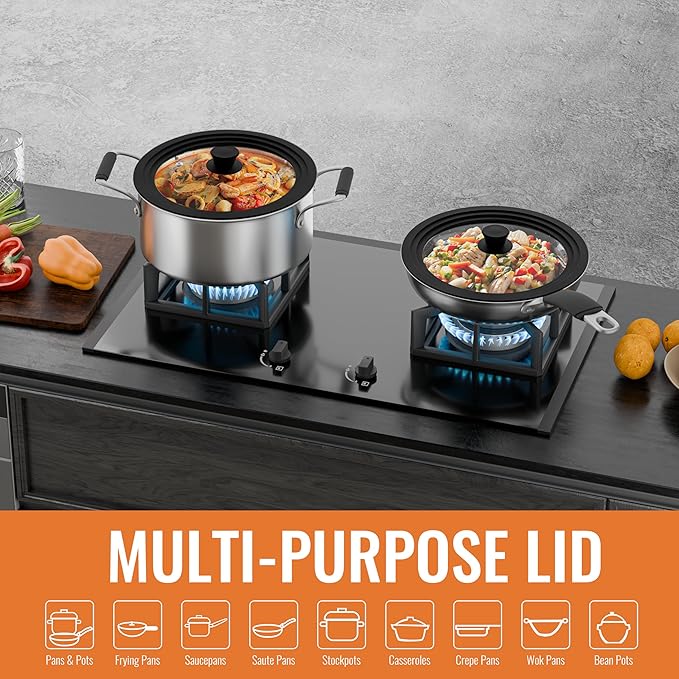 Universal Lids for Pots, Pans and Skillets, 10.5", 11" and 12" Pan Lid, Tempered Glass Pot Lid with Silicone Rim Heat Resistant, Replacement Pan Cover for Frying, Wok, Crock Pot Lid, Black