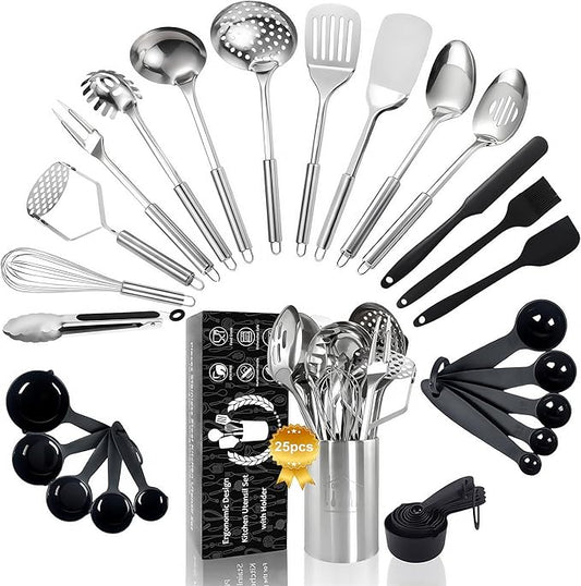 Stainless Steel Cooking Utensils Set, 25pcs Kitchen Utensils Set with Holder, Heat Resistant Kitchen Utensils Sets for Cooking with Turners, Potato Masher, Skimmer, Spoons, Tongs, Whisk