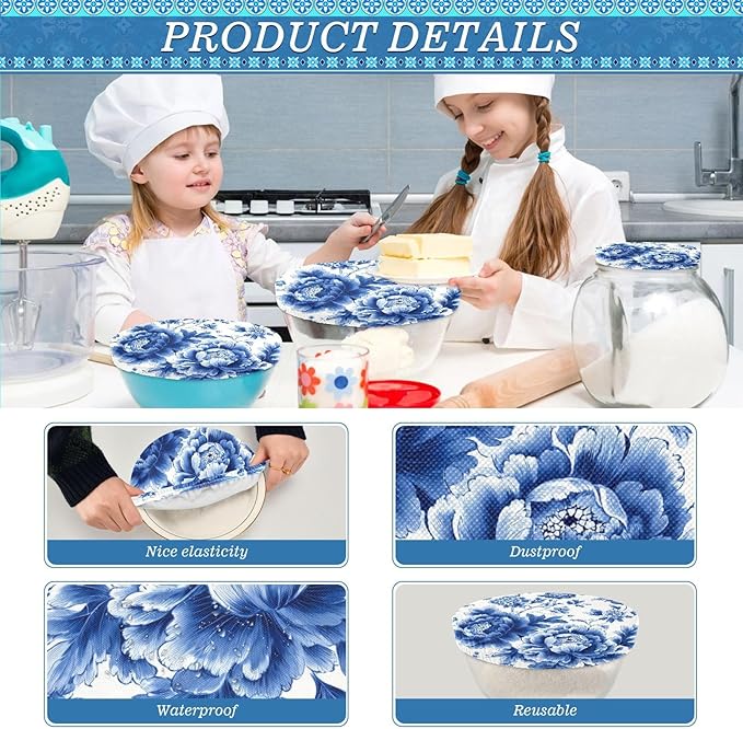 5 Pcs Bowl Covers Reusable in 5 Size Elastic Food Cover Cloth Lids Fresh Keeping Dish Cookware Bakeware Fabric Covers Lids for Food Leftovers Fruits Storage Blue and White Peony Flowers But