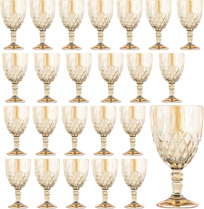 24 Pcs Vintage Wine Glasses, 11 Ounces Colored Glass Water Goblets, Colorful Unique Embossed Pattern High Clear Stemmed Glassware Wedding Party Bar Glass Drinking Cups Amber Fancy Glasses Set of 24