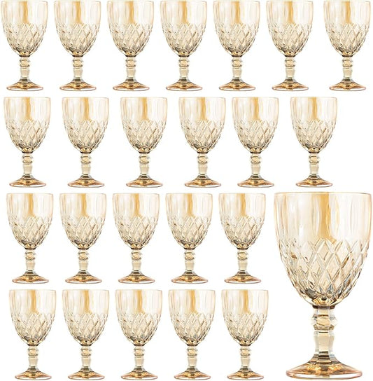 24 Pcs Vintage Wine Glasses, 11 Ounces Colored Glass Water Goblets, Colorful Unique Embossed Pattern High Clear Stemmed Glassware Wedding Party Bar Glass Drinking Cups Amber Fancy Glasses Set of 24