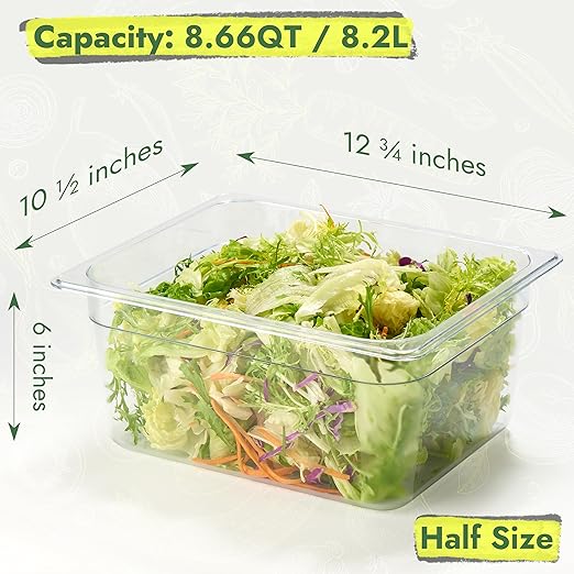 CURTA 4-Pack 1/2 Size 6" Deep NSF Polycarbonate Food Pans with Handled Lids & Drain Trays | Dishwasher & Freezer Safe Clear Container for Prep Tables, Buffet, Salad Bar, Commercial Kitchen