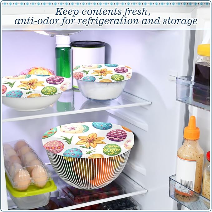 5 Pcs Bowl Covers Reusable in 5 Size Elastic Food Cover Cloth Lids Fresh Keeping Dish Cookware Bakeware Fabric Covers Lids for Food Leftovers Fruits Storage White Easter Eggs and Lilies
