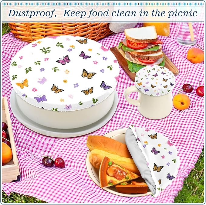 5 Pcs Bowl Covers Reusable in 5 Size Elastic Food Cover Cloth Lids Fresh Keeping Dish Cookware Bakeware Fabric Covers Lids for Food Leftovers Fruits Storage Pretty Butterfly Flower