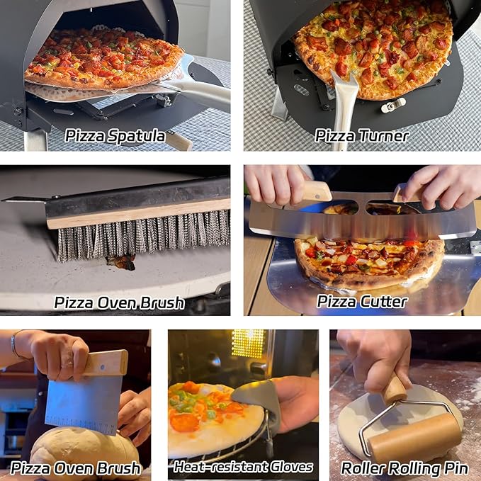 7PCS Pizza Oven Accessories Kit – Premium Pizza Making Tools Set for Home & Outdoor Ovens – Includes Pizza Peel, Oven Brush, Bubble Popper Turner, Rocker Cutter, Dough Roller & Scraper