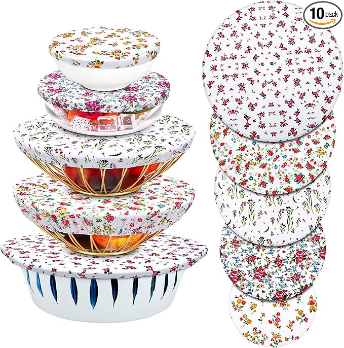 Patelai 10 Pcs Bowl Covers Reusable in 5 Size Stretch Cloth Fabric Elastic Food Storage Bowl Covers Bread Sourdough Lids for Proofing Food Fruits Leftover(Flowers Style)