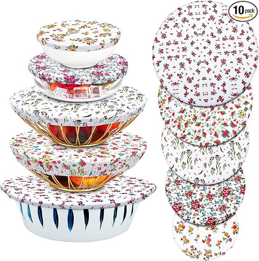Patelai 10 Pcs Bowl Covers Reusable in 5 Size Stretch Cloth Fabric Elastic Food Storage Bowl Covers Bread Sourdough Lids for Proofing Food Fruits Leftover(Flowers Style)