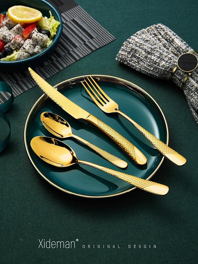 16-Piece Luxury Gold Hammered Silverware Set with Ultra Sharp 2-IN-1 Serrated Knife, 18/10 Stainless Steel Flatware Set, Tableware Cutlery Set for 4, Forks Spoons Knives Set