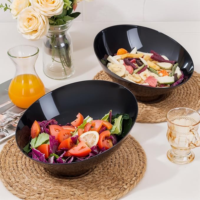 bUCLA 12 Pack Black Plastic Serving Bowls - 54 OZ Angled Bowls Disposable for Chip&Candy - Party Table Salad and Fruit for Party, Wedding & Halloween