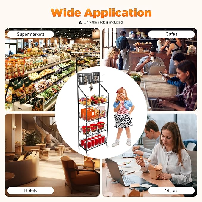 Retail Display Rack 4-Tier Market Merchandise Display Shelf with Wheels and 10 Hooks Metal Display Snack Metal Wire Shelving Movie Theater Candy Rack with Wheels for Home Store Market