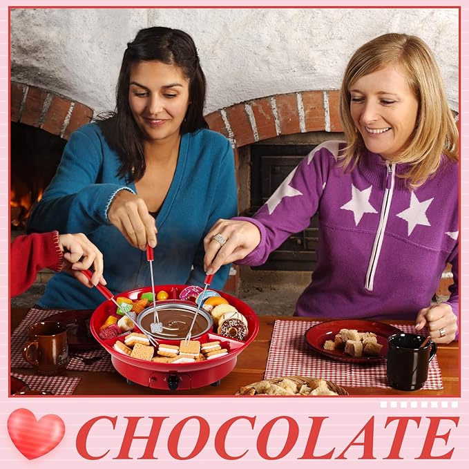 Lallisa Electric Fondue Pot Set, Chocolate Fondue Kit, Electric Fondue Maker, detachable Serving Trays with 4 Roasting Forks, gift Set for Date Night House Warming Melting Parties (Red)