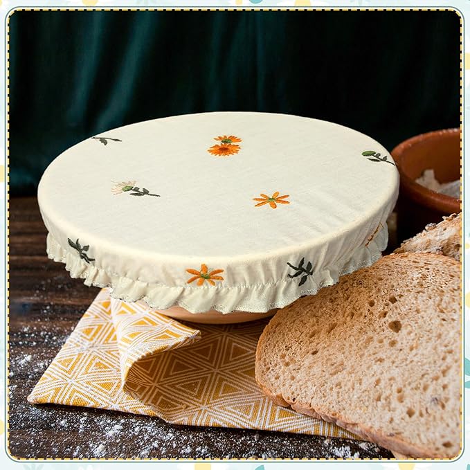 Patelai 10 Pcs Bowl Covers Reusable in 5 Size Stretch Cloth Fabric Elastic Food Storage Bowl Covers Bread Sourdough Lids for Proofing Food Fruits Leftover(Embroidery Daisy)