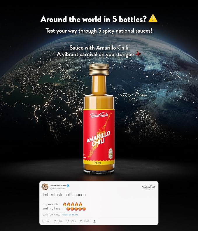 TIMBER TASTE® World Hot Sauce Gift Set [5x1.35 oz] Hot Sauce Variety Pack - Spicy Condiment Set for Heat Lovers in Mini Bottles - Gourmet Spicy Food Gifts for Women & Men - Birthday Gifts for Men