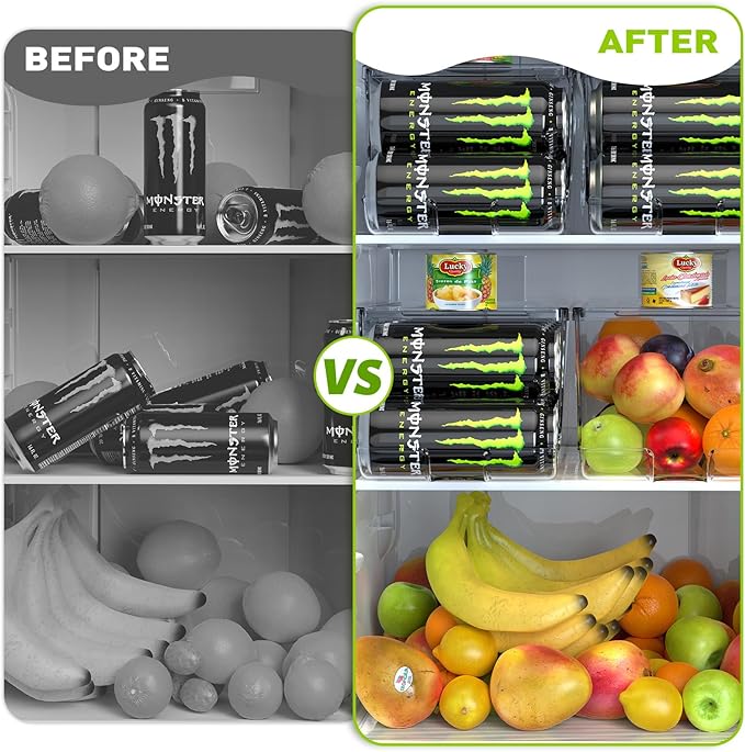 4 Pack Tall Skinny Can Organizer for Refrigerator, Stackable Large Soda Cans of 16oz & 17oz Beverage Energy Drink Container Holder Dispenser with Lid for Fridge, Clear Storage Plastic Bins