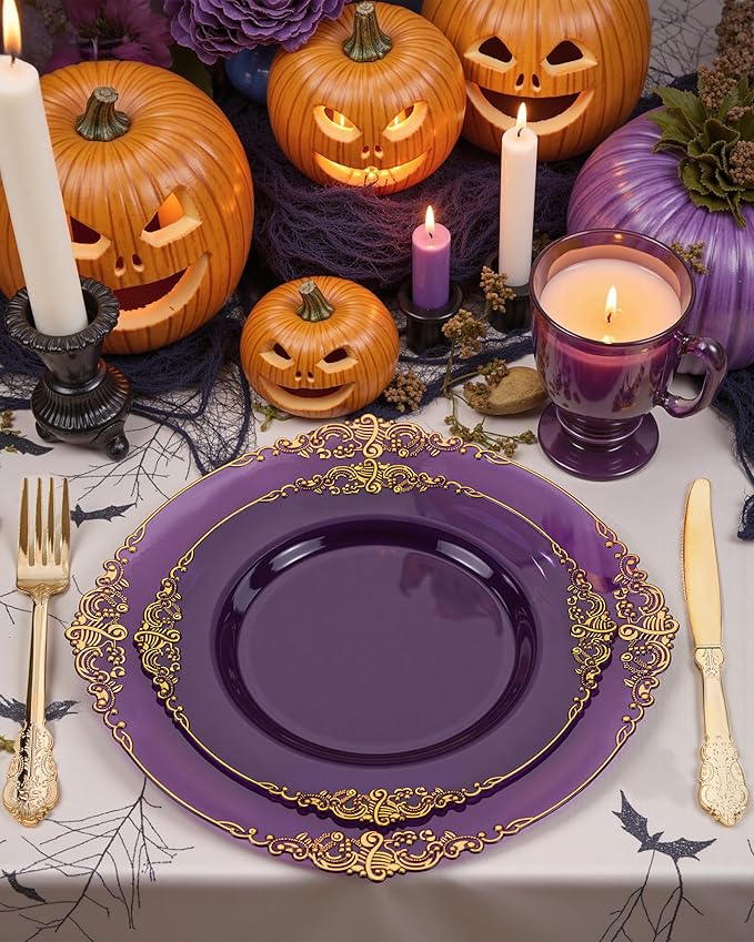 Nervure 350PCS Purple Plastic Plates - Purple Plastic Dinnerware Sets for 50 Guests - 100 Disposable Plates, 150 Gold Silverware, 50 Cups, 50 Napkins for Wedding & Party