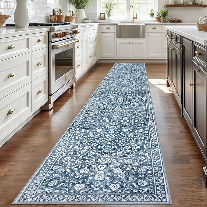 Vintage Runner Rugs for Hallway 2x12, Blue and White Washable Extra Long Hallway Runner Rug Non Slip, Super Soft Kitchen Runner Rug, Print Faux Wool Floral Thin Carpet Hall Runner