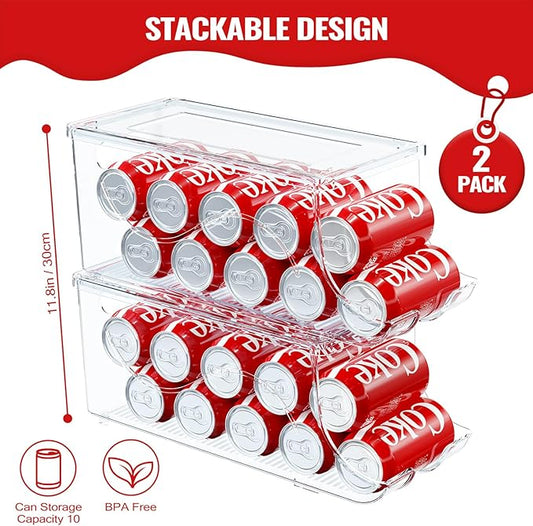 2 Pack Stackable Refrigerator Organizer, Soda Can Dispenser Pop Cans Container Beverage Holder with Lid for Fridge, Freezer, Kitchen, Clear Plastic Storage Bins-Holds 10 Cans Each (Clear)