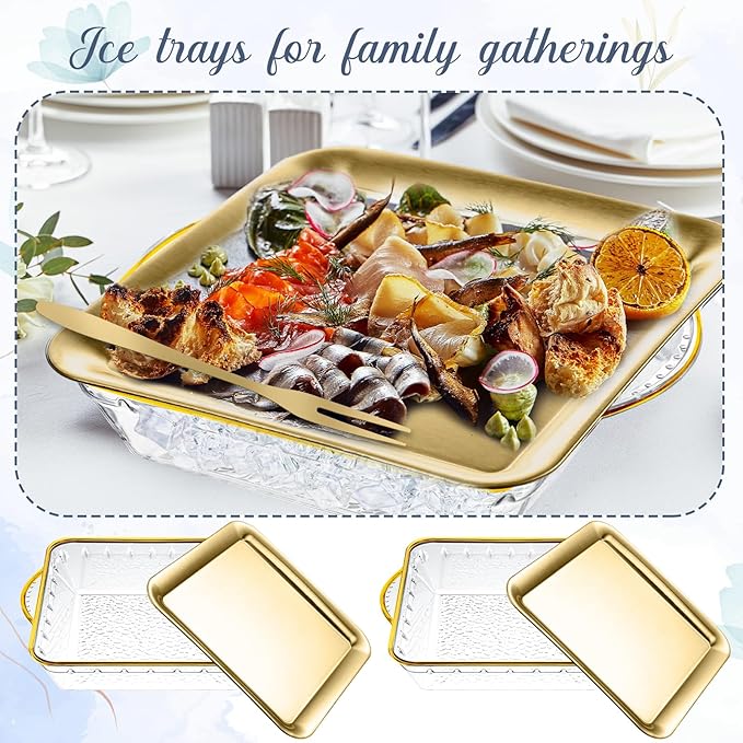 Baderke 6 Set 9" Chilled Serving Tray for Parties with Compartments Ice Chilled Party Platter Charcuterie Serving Board Cold Dish Dip with Forks Tongs for Fruit Seafood Vegetable Appetizer (Gold)