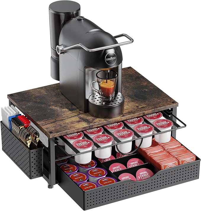 K Cup Holder, Coffee Pod Holder with 2 Tier Sliding Storage Drawer and 1 Hanging Basket for 51 Large or 73 Small Capsule,K Cup Coffee Station Organizer Accessories for Counter,Home,Office,Kitchen