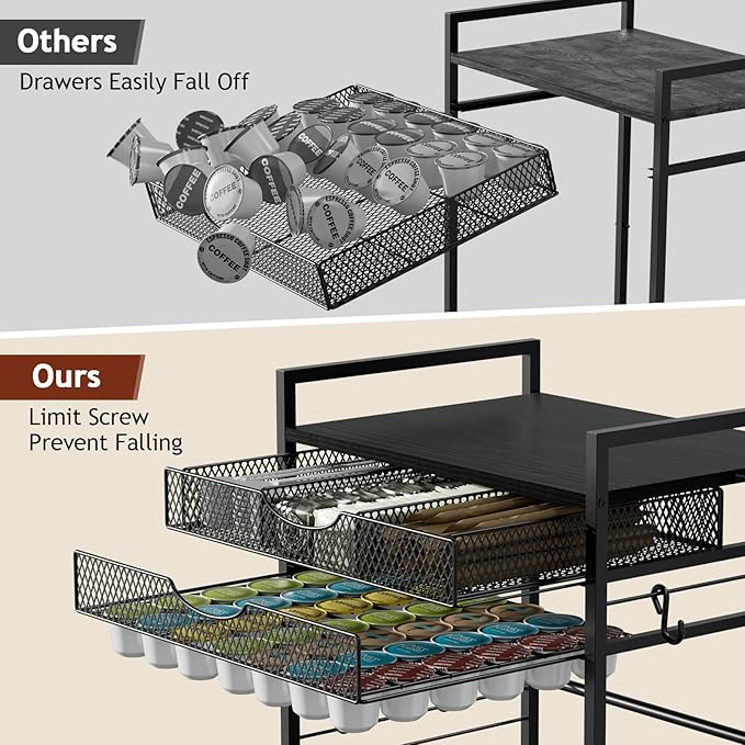 Coffee Bar Station with Storage Drawer - 5 Tier Coffee Table Countertop Organizer for K Cups, Tea Bags, Sugar Storage and Kitchen Cabinets (Black)