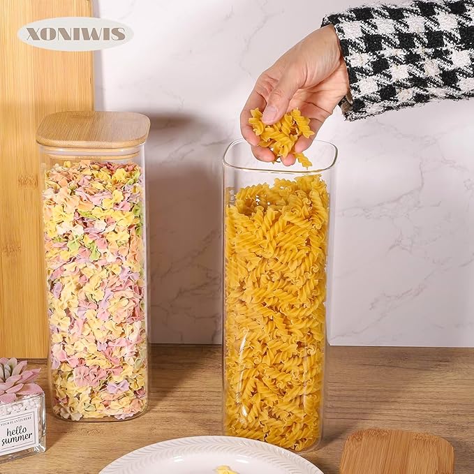 73oz 3PCS Sqaure Spaghetti Pasta Storage Containers with Lids, Pantry Containers Tall Glass Tight Food Storage Jars with Lids for Penne, Macaroni, Lasagna, Fusilli, Cereal, Flour, Sugar, Oats