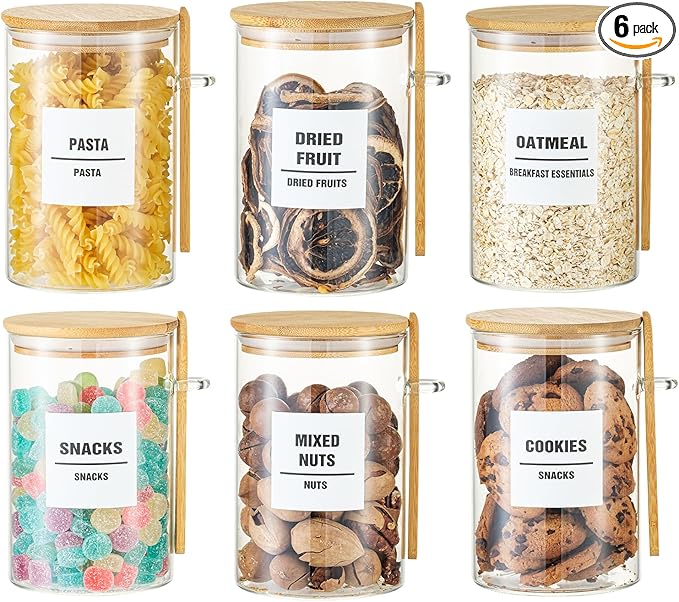6 Pack 32oz Glass Jars with Bamboo Lids,Glass Storage Containers with Lids,Clear Airtight Food Storage Jar for Coffee,Tea,Sugar,Flour,includes 168 Pantry Labels & Spoons,3mm Thick Canisters