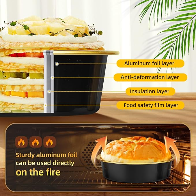 Beasea Disposable Creme Brulee Ramekins with Lids, 120 Pack 4 Inch 8oz Mini Pie Tins Black Gold Mini Small Aluminum Foil Pie Tart Cake Baking Pans Individual Round Containers Oven Safe for Baking