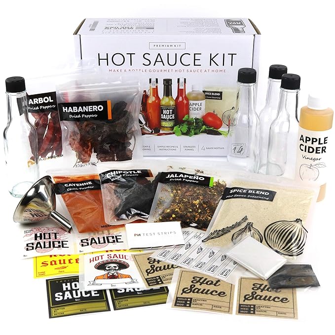 Premium Hot Sauce Making Kit, 5 Varieties of Peppers, Jalapeno Habanero, Gourmet Spice Blend, 4 Bottles, Fun Labels, Make your own hot sauce, DIY Gift for Dad (Premium Kit)