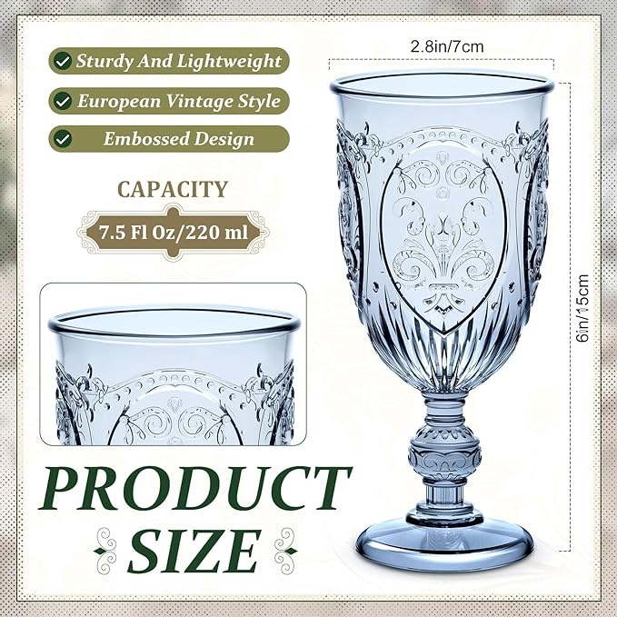 100 Pcs Plastic Goblets 7.5oz Vintage Goblet Plastic Wine Glasses Colored Retro Embossed Water Goblets for Wine Bar Juice Baby Shower Wedding Reception Grand Event Party (Blue)