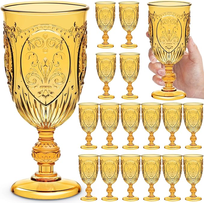 18 Pack Plastic Goblets 10oz Upgrade Vintage Water Goblet Plastic Wine Glasses Colored Retro Embossed Glassware for Party Wine Bar Juice Baby Shower Wedding Reception Grand (Amber)