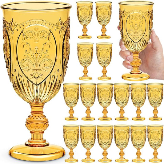 18 Pack Plastic Goblets 10oz Upgrade Vintage Water Goblet Plastic Wine Glasses Colored Retro Embossed Glassware for Party Wine Bar Juice Baby Shower Wedding Reception Grand (Amber)