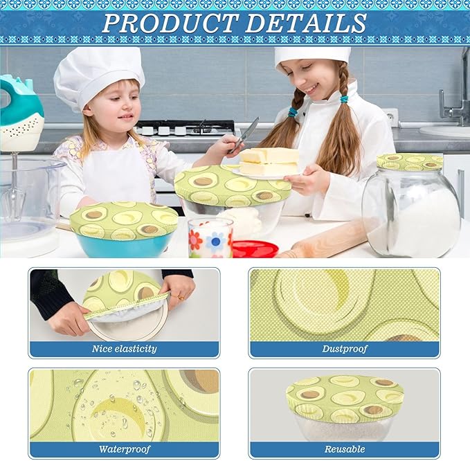 5 Pcs Bowl Covers Reusable in 5 Size Elastic Food Cover Cloth Lids Fresh Keeping Dish Cookware Bakeware Fabric Covers Lids for Food Leftovers Fruits Storage Green Avocado Fruit