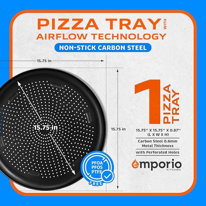 Pizza Baking Pan - 15.75-Inch Round Perforated Carbon Steel Tray with Non-Stick Coating, Dishwasher Safe, Oven Safe (Up To 450° F), Airflow Design, PFOA, PFOS, PTFE Free, Gray