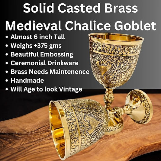 ALADEAN Vintage Chalice Medieval Goblet | 1x Solid Brass 6" Royal Wine Glass Cups 7oz - Renaissance Gifts Wedding Anniversary Novelty Ceremonial Drinkware Pack of 1pc (Roman Chalice)