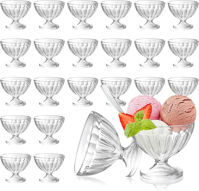 24 Pcs 8 oz Plastic Ice Cream Dessert Bowls Sundae Trifle Cups Bulk Clear Footed Milkshake Bowl Small Parfait Mousse Crystal Dish Holder Salad Condiment Fruit Holiday Wedding Picnic Party Favor