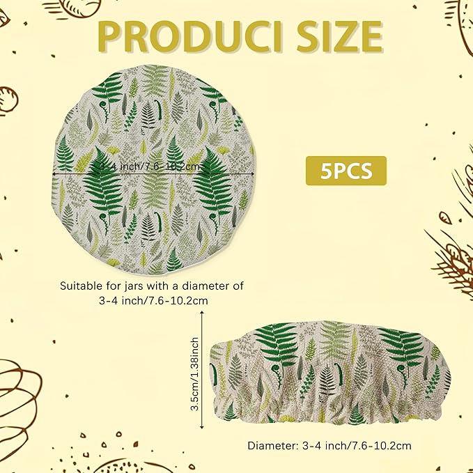 Vintage Green Leaves And Branches Sourdough Jar Cover Reusable Cloth Lid for Sour Dough Starter Jar,5 Pack Bread Fermentation Container Tops Elastic Fabric Caps
