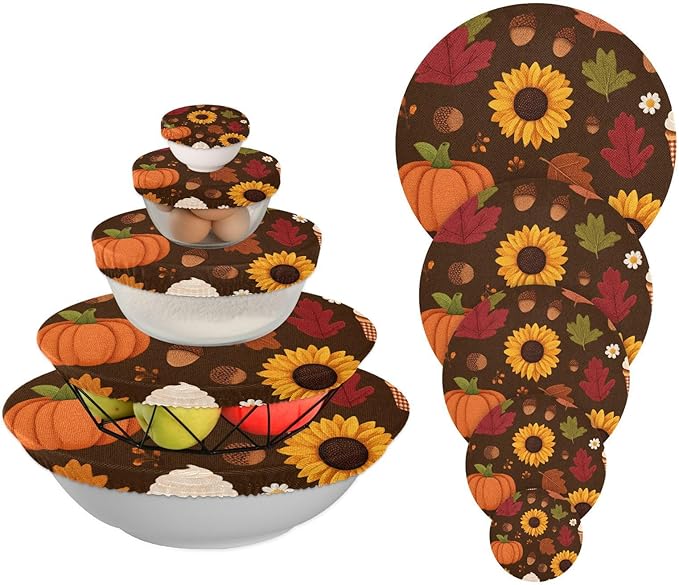 5 Pcs Bowl Covers Reusable in 5 Size Elastic Food Cover Cloth Lids Fresh Keeping Dish Cookware Bakeware Fabric Covers Lids for Food Leftovers Fruits Storage Sunflowers Maple Leaves Pumpkins