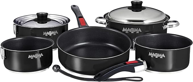 Magma 10 Piece Gourmet Nesting Stainless Steel Cookware Set with Ceramica Non-Stick, Induction Compatible, Oven Safe to 500°F - Suitable for All Stovetops, Removable Handles, Jet Black